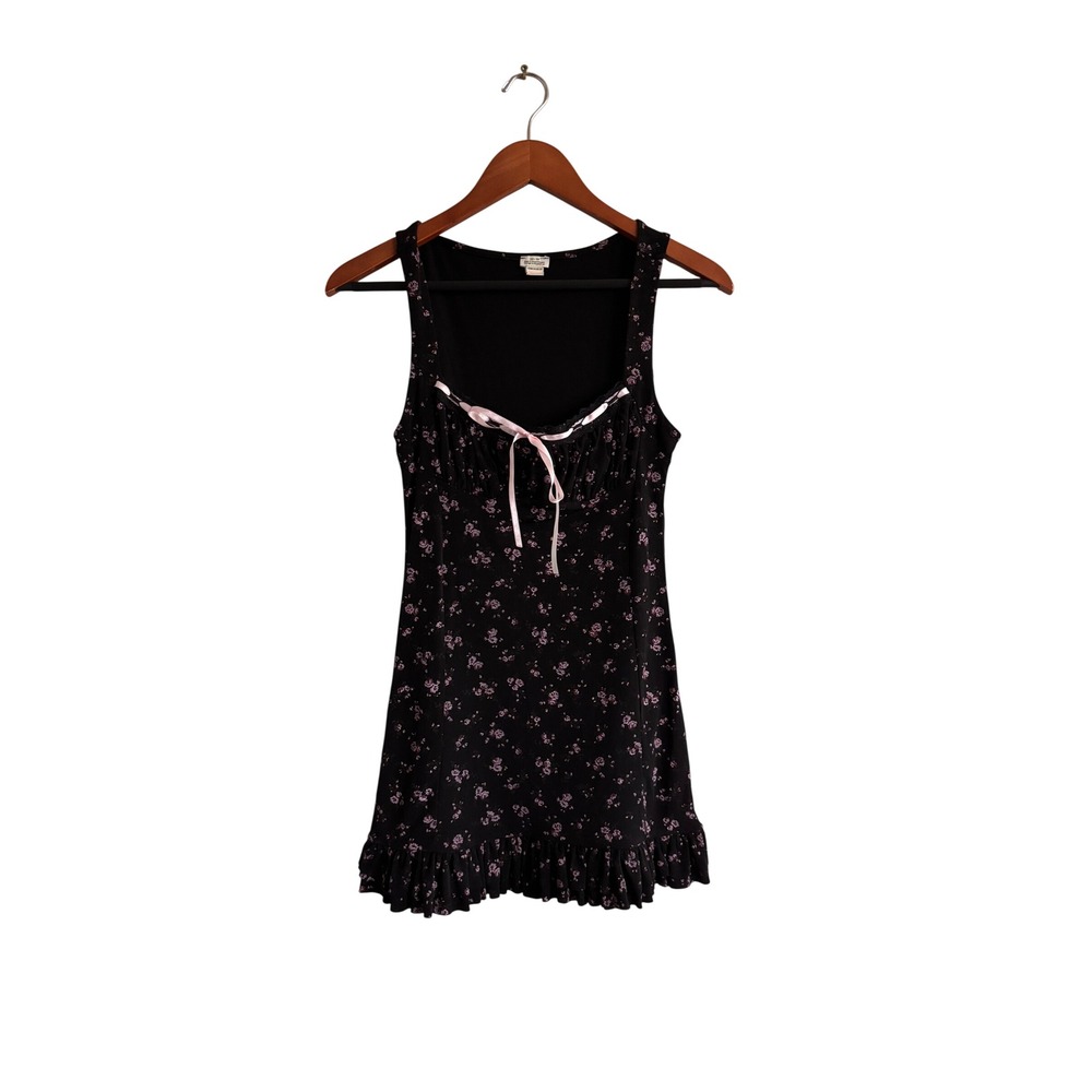 Kimchi Blue Black Floral Print Ruffle Tie Neck Mini Dress‎ XS TP